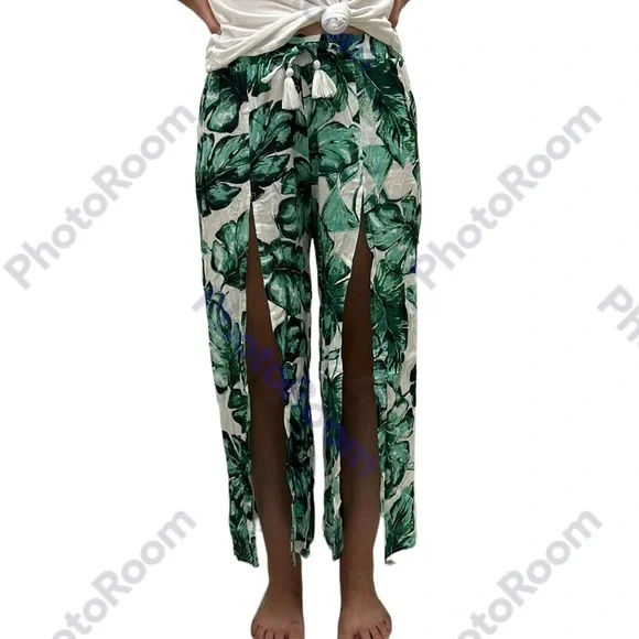 goa Beachwear By Japna | Slit Beach Pants Monstera Leaf Green Swim Palazzo S - Picture 2 of 8